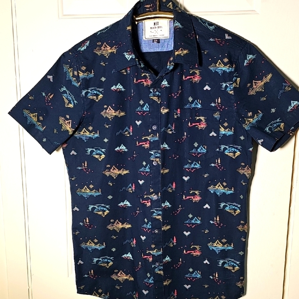MDX Blue Casual Button Down Shirt with Playful Print. Size Meduim